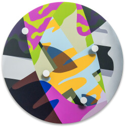 Overlapping shapes in bright orange, fresh green and hot pink form a visual maze in this dynamic tondo by Sylvain Louis-Seize.