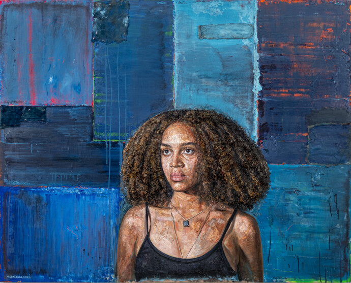 This oil painting is a contemporary portrait of a young black woman.