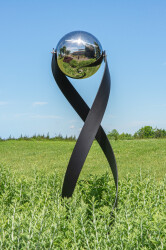 This contemporary outdoor minimalist steel sculpture features a globe.
