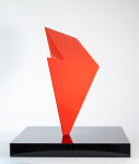 This abstract steel table top sculpture by Viktor Mitic has a red geometric form. Image 4