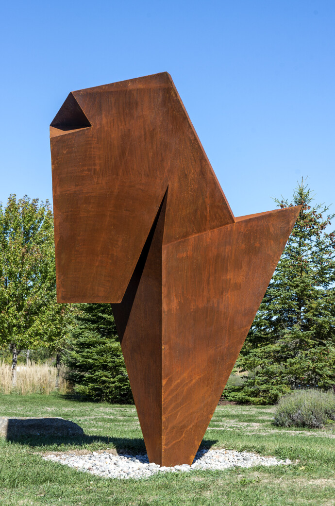 This monumental contemporary outdoor steel sculpture is by Viktor Mitic.