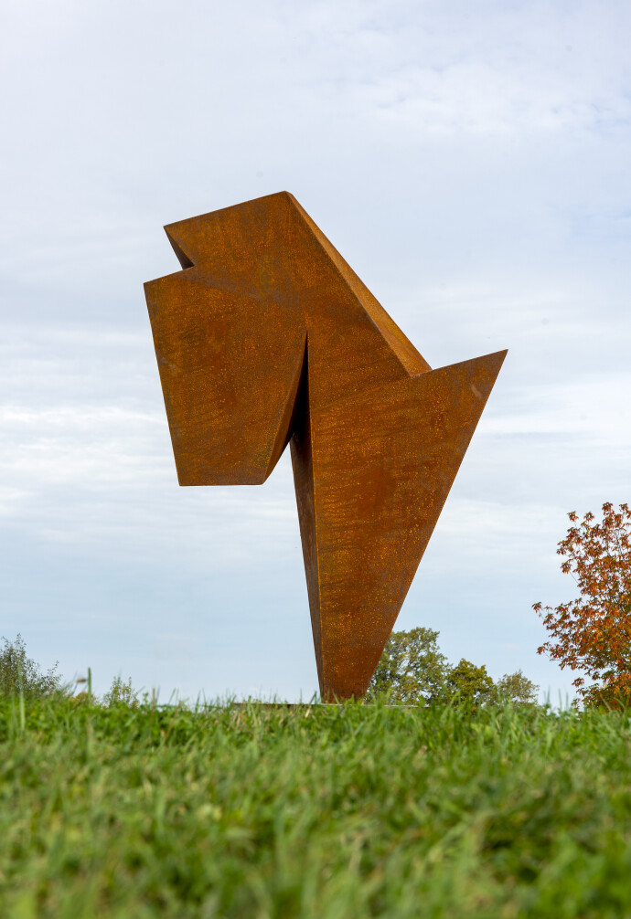 This monumental contemporary outdoor steel sculpture is by Viktor Mitic.