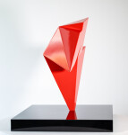 This abstract steel table top sculpture by Viktor Mitic has a red geometric form. Image 2