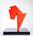This abstract steel table top sculpture by Viktor Mitic has a red geometric form. Image 3