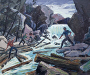 A torrent of turquoise water rushes between a mountainous crevice as four loggers work their pike poles to move great pine timbers down rive… Image 2