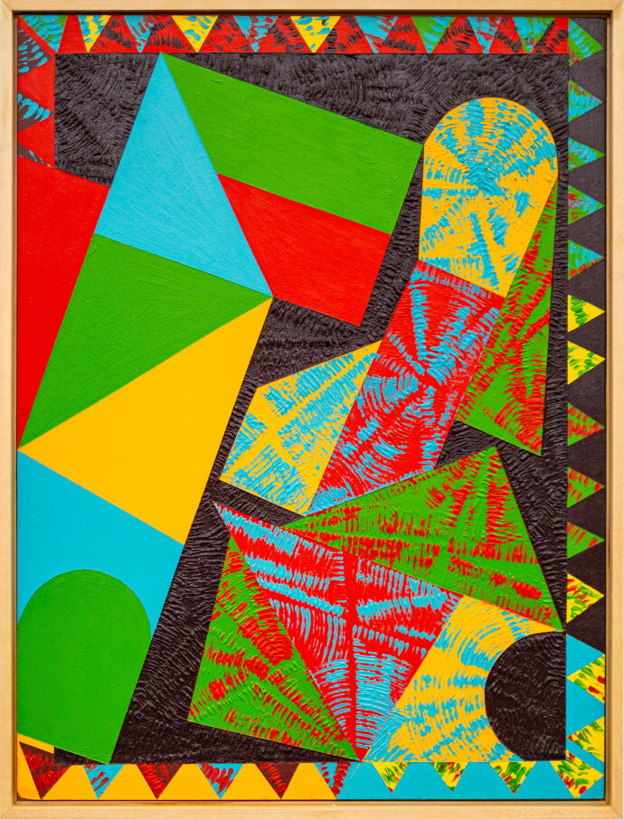 This contemporary abstract painting features colourful geometric patterns.