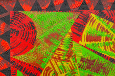 This contemporary abstract painting features colourful geometric patterns. Image 7