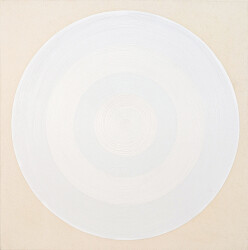 This dynamic contemporary circular painting in bright white is by Yvonne Lammerich.