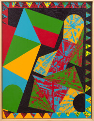 This contemporary abstract painting features colourful geometric patterns.