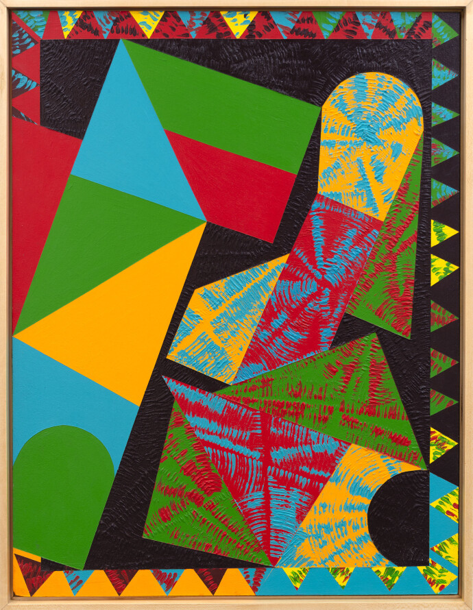 This contemporary abstract painting features colourful geometric patterns.