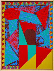 This contemporary abstract painting features colourful geometric patterns.