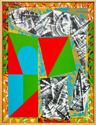 This contemporary abstract painting features colourful geometric patterns.