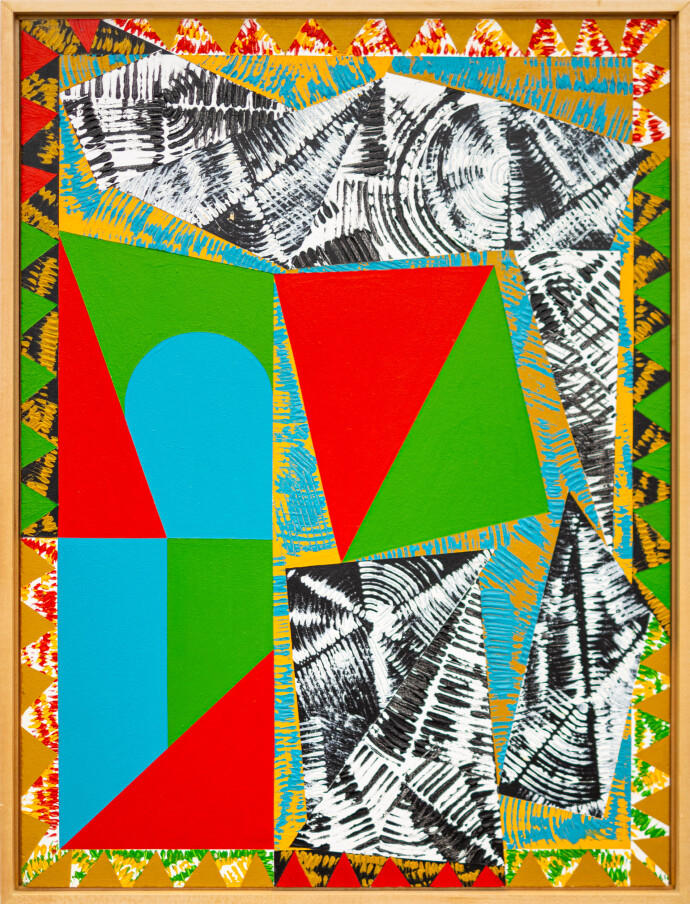 This contemporary abstract painting features colourful geometric patterns.