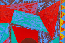 This contemporary abstract painting features colourful geometric patterns. Image 6
