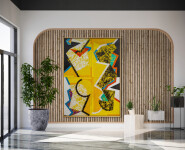 The graphic, colourful imagery in this powerful abstract painting is by Yvonne Lammerich. Image 17