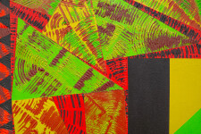 This contemporary abstract painting features colourful geometric patterns. Image 6