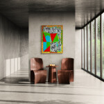 This contemporary abstract painting features colourful geometric patterns. Image 9