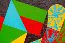 This contemporary abstract painting features colourful geometric patterns. Image 6