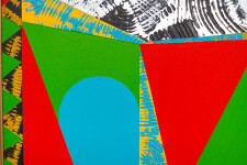This contemporary abstract painting features colourful geometric patterns. Image 6