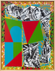 This contemporary abstract painting features colourful geometric patterns.