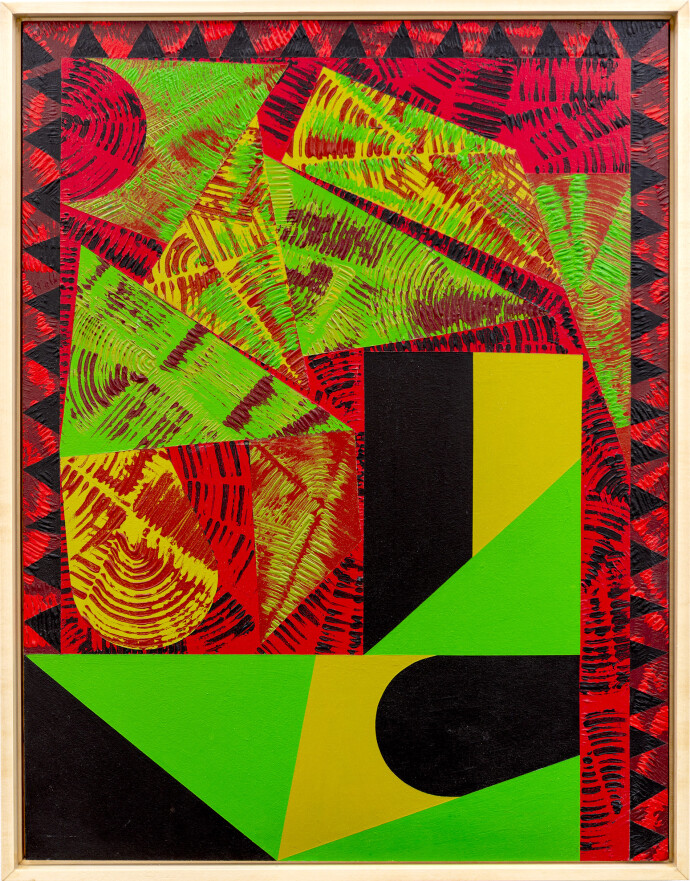 This contemporary abstract painting features colourful geometric patterns.