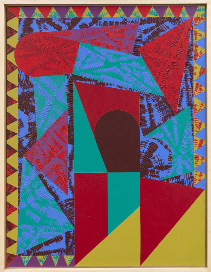 This contemporary abstract painting features colourful geometric patterns.