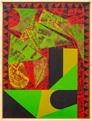 This contemporary abstract painting features colourful geometric patterns.