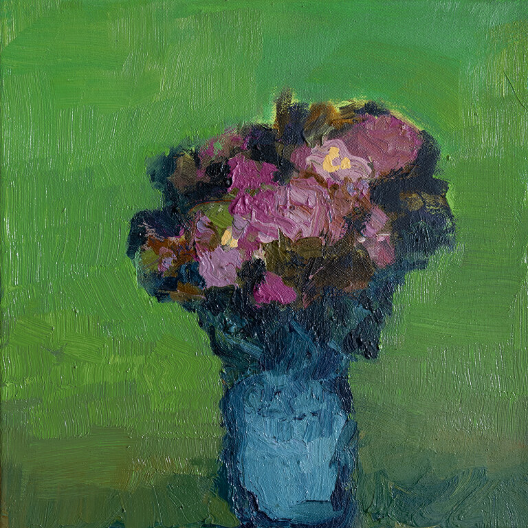 JH PinkwithBluePot 2026 oilcanvas 16x16 unframed